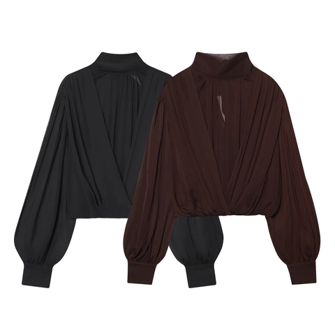 Elegant Women Chiffon Blouse Bow Tie Stand Collar Lantern Sleeve Pleated Wrap Top Solid Color Casual Office Commute Wear Lady