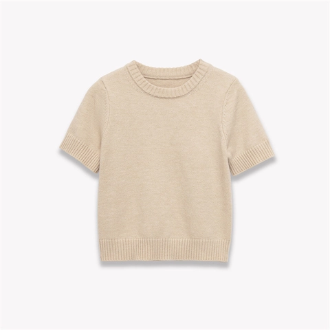 Haut en Tricot à Manches Courtes Décontracté pour Femmes Col Rond Couleur Unie Pull en Polyester Doux à Côtes