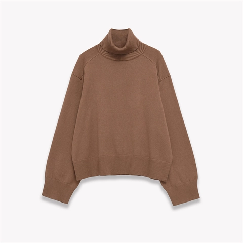 Women Casual Caramel Mock Neck Sweater Long Sleeve Drop Shoulder Rib Knit Warm Soft Polyester Pullover Knitwear Top