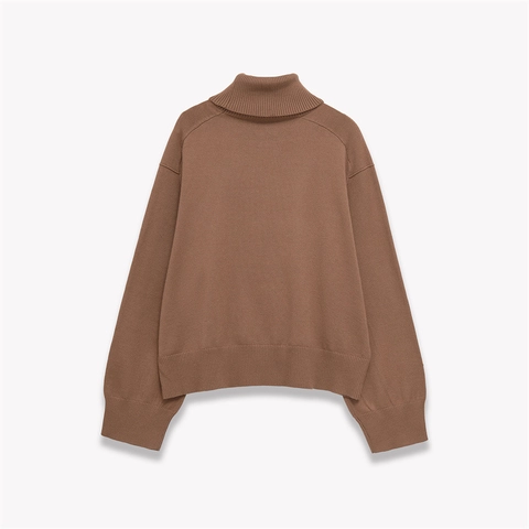 Women Casual Caramel Mock Neck Sweater Long Sleeve Drop Shoulder Rib Knit Warm Soft Polyester Pullover Knitwear Top