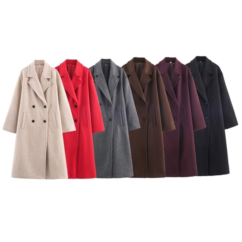 Cappotto da Donna in Misto Lana Stile Europeo Largo Doppiopetto Risvolto Manica Lunga Casual Caldo Autunno Inverno Trench