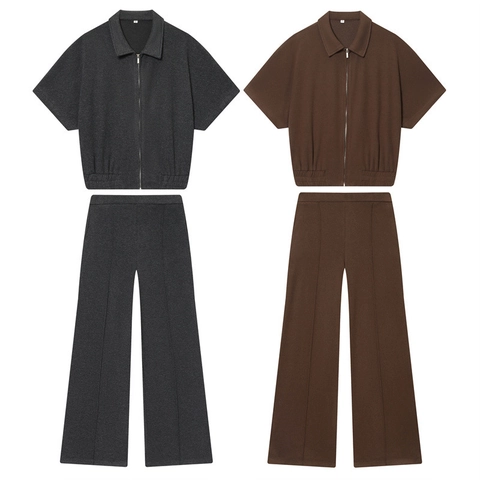 Women's Casual Two Piece Set Short Sleeve Zipper Lapel Top And Wide Leg Pants Solid Color Knitted Blended Leisure Suit