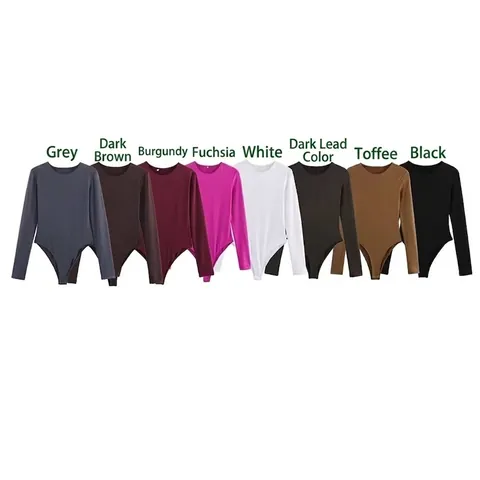 Women's Casual Long Sleeve Round Neck Bodysuit Slim Fit Basic Solid Color Polyester Blend Top With Bottom Snap Buttons