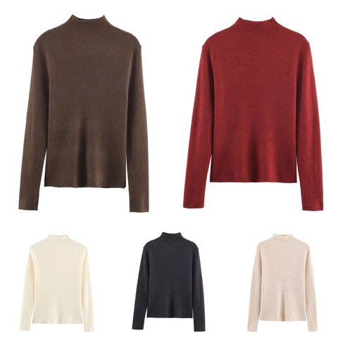Suéter de Punto de Canalé con Cuello Alto para Mujer Manga Larga Ajuste Ceñido Jersey Elástico Color Sólido