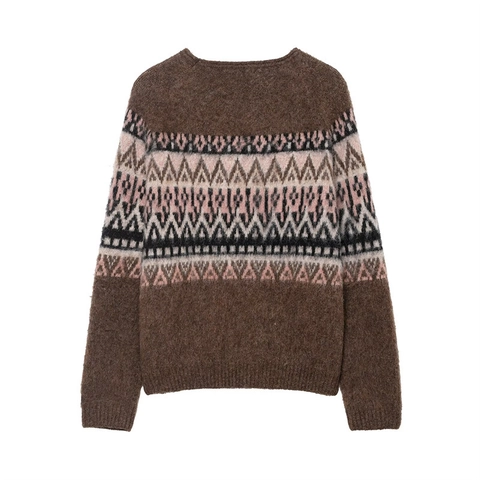Suéter de Punto Jacquard Geométrico Vintage para Mujer Esponjoso Manga Larga Cuello Redondo Textura de Fair Isle Casual Invierno Cálido