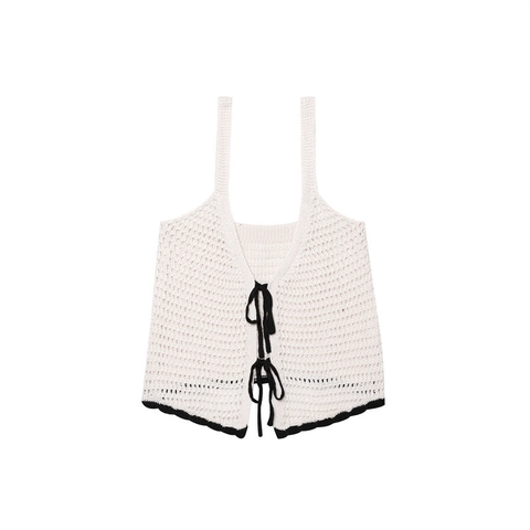 Damen Häkelstrick Camisole Top Ajouré Vorne Zum Binden Schleife Bohemian Ärmellos V Ausschnitt Off White Sommer Cami Top