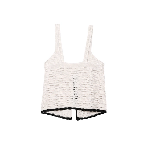 Damen Häkelstrick Camisole Top Ajouré Vorne Zum Binden Schleife Bohemian Ärmellos V Ausschnitt Off White Sommer Cami Top