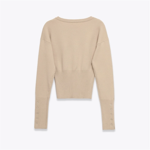 Cárdigan de Punto Vintage para Mujer Cuello Redondo Suéter Casual Manga Larga Botones Metálicos Color Sólido Top
