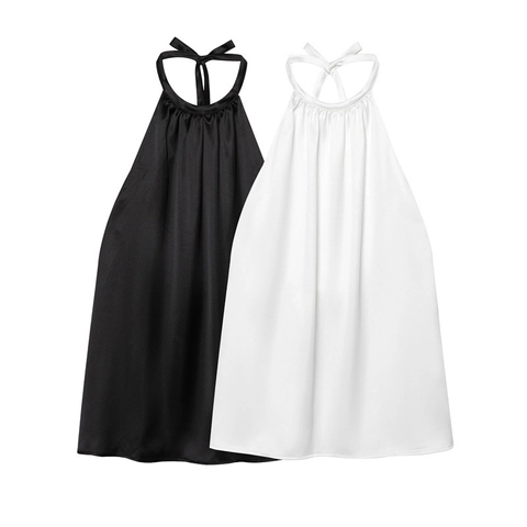 Elegante Top Halter de Satén para Mujer Espalda Descubierta Sexy Blusa Sin Mangas Estilo Francés Color Sólido Fiesta de Verano