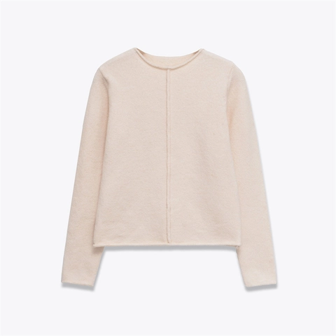 Dames Casual Effen Kleur Breiwerk Trui Ronde Hals Lange Mouw Pullover Met Middennaad Detail Zachte Abrikoos Gebreide Bovenkant