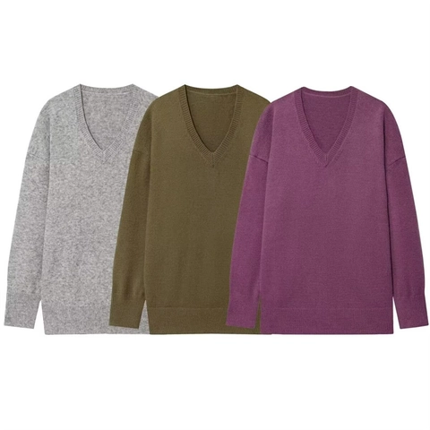 Women Casual V-Neck Knit Sweater Loose Drop Shoulder Long Sleeve Pullover Soft Cotton Blend Jumper Knitwear Top