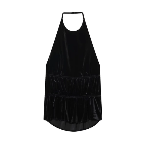 Women's Sexy Halter Neck Velvet Top Ruched Ruffle Hem Solid Color Sleeveless Backless Party Streetwear Fashion Top