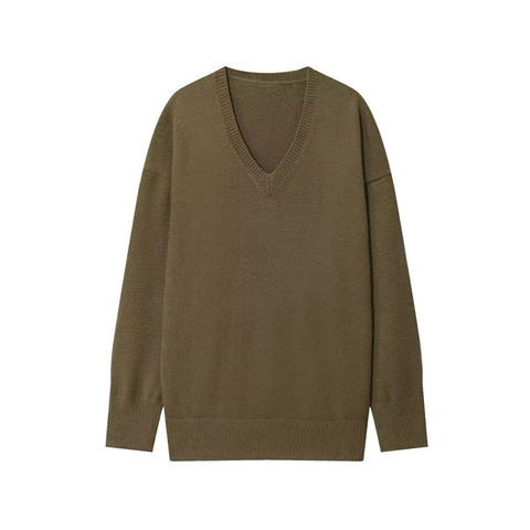 Women Casual V-Neck Knit Sweater Loose Drop Shoulder Long Sleeve Pullover Soft Cotton Blend Jumper Knitwear Top