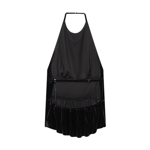 Women's Sexy Halter Neck Velvet Top Ruched Ruffle Hem Solid Color Sleeveless Backless Party Streetwear Fashion Top