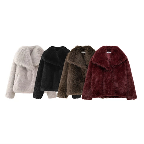 Veste Courte en Fausse Fourrure Élégante pour Femmes Grand Revers Couleur Unie Manches Longues Peluche Manteau d'Hiver Chaud
