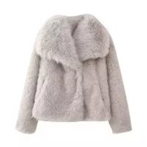 Veste Courte en Fausse Fourrure Élégante pour Femmes Grand Revers Couleur Unie Manches Longues Peluche Manteau d'Hiver Chaud
