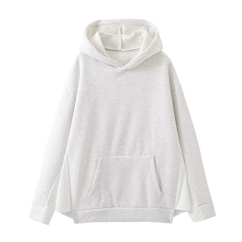 Women Casual Minimalist Hooded Sweatshirt Patchwork Design Long Sleeve Loose Fit Hoodie With Kangaroo Pocket Grey White