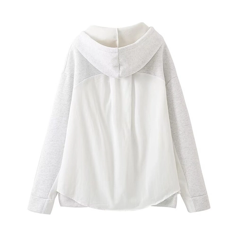 Women Casual Minimalist Hooded Sweatshirt Patchwork Design Long Sleeve Loose Fit Hoodie With Kangaroo Pocket Grey White