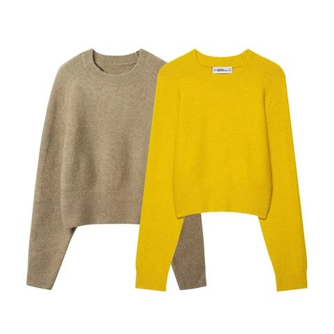 Suéter de Punto Casual para Mujer Cuello Redondo Color Sólido Manga Larga Puños Acanalados Jersey Corto Suave