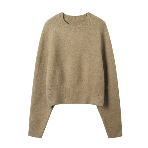 Suéter de Punto Casual para Mujer Cuello Redondo Color Sólido Manga Larga Puños Acanalados Jersey Corto Suave