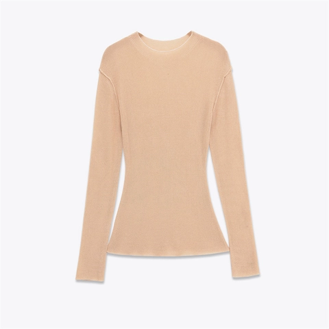 Top de Punto de Canalé de Manga Larga con Cuello Redondo Casual para Mujer Corte Ajustado Color Sólido Albaricoque Suave
