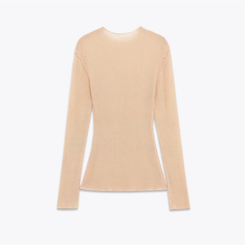 Top de Punto de Canalé de Manga Larga con Cuello Redondo Casual para Mujer Corte Ajustado Color Sólido Albaricoque Suave