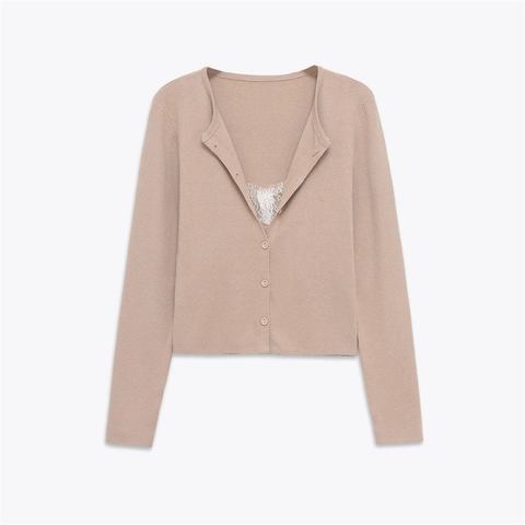 Cardigan in Maglia da Donna Vintage Francese con Patchwork in Pizzo Scollo a V Monopetto Manica Lunga Tinta Unita