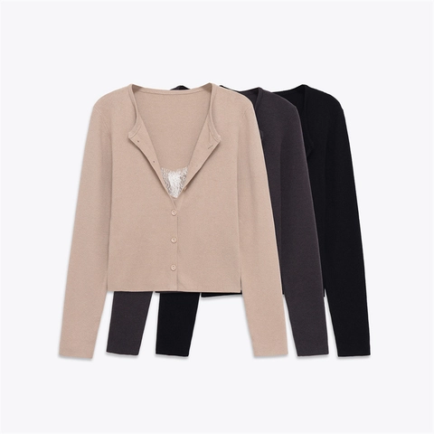 Cardigan in Maglia da Donna Vintage Francese con Patchwork in Pizzo Scollo a V Monopetto Manica Lunga Tinta Unita