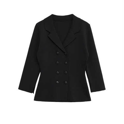 Damen Casual Schwarz Strickblazer Zweireiher Langarm Jacke Büro Dame Revers Gestrickte Strickjacke Pullover Mantel