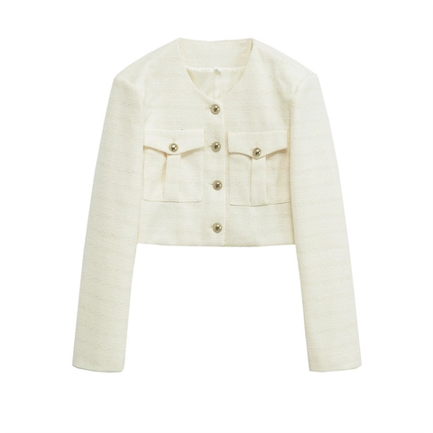 Damen Eleganter Tweed Kurzjacke Langarm Rundhalsausschnitt Goldene Knöpfe Creme Off-White Lässiger Mantel