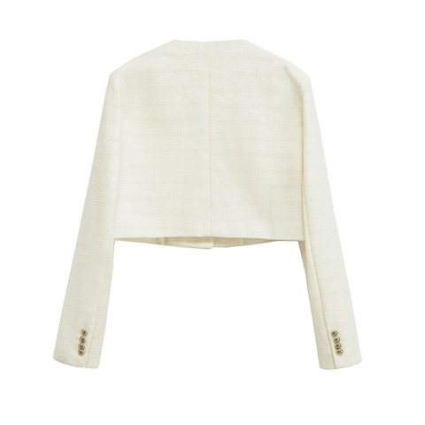 Damen Eleganter Tweed Kurzjacke Langarm Rundhalsausschnitt Goldene Knöpfe Creme Off-White Lässiger Mantel