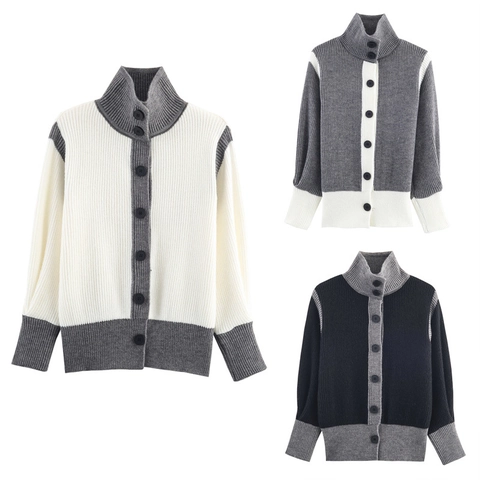 Cardigan in Maglia Colorblock Casual da Donna Collo Alto con Bottoni Maglione a Costine Manica Lunga Top Patchwork Autunno Inverno