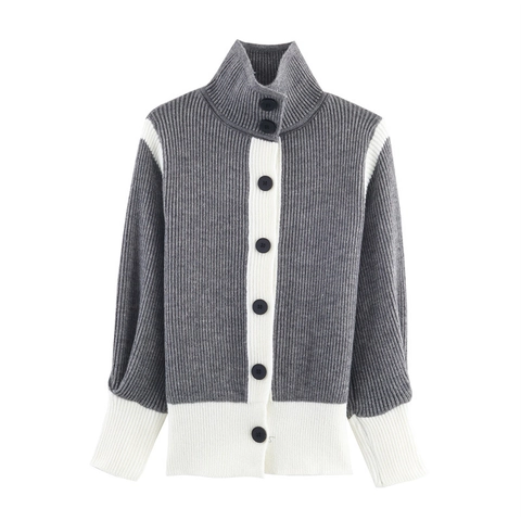 Cardigan in Maglia Colorblock Casual da Donna Collo Alto con Bottoni Maglione a Costine Manica Lunga Top Patchwork Autunno Inverno