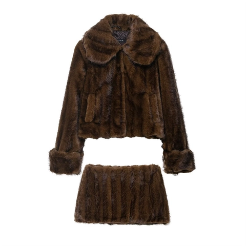 Veste Courte En Fausse Fourrure Élégante Pour Femmes Et Minijupe Brun Foncé Couleur Unie Tenue Hivernale Chaude Chic Haut Et Bas