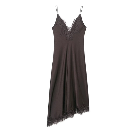 Elegante Satijnen Slipjurk met Kantrand V-hals Onregelmatige Zoom Rugloos Sexy Spaghetti Strap Party Avondjurk