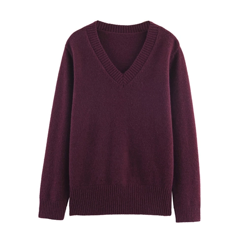 Damen V-Ausschnitt Langarm Strickpullover Einfarbig Gerippter Pullover Slim Fit Lässig Warm Weich Polyester Strickwaren Top