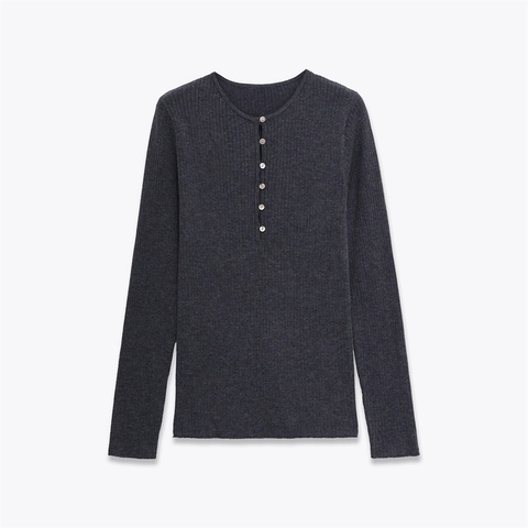 Suéter Henley de Punto Acanalado para Mujer Manga Larga Botones Slim Fit Gris Oscuro Sólido Top Informal