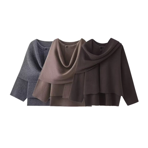 Chaqueta Corta de Punto Elegante para Mujer Cuello Bufanda Botón Único Cárdigan Estilo Capa Suave Color Sólido Otoño Invierno