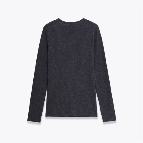 Suéter Henley de Punto Acanalado para Mujer Manga Larga Botones Slim Fit Gris Oscuro Sólido Top Informal