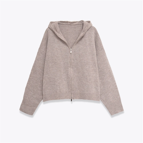 Women Hooded Knit Cardigan Zipper Front Long Sleeve Sweater Jacket Solid Color Casual Loose Knitwear For Autumn Spring