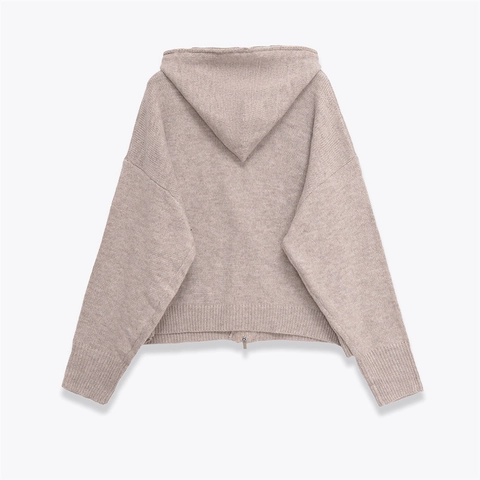 Women Hooded Knit Cardigan Zipper Front Long Sleeve Sweater Jacket Solid Color Casual Loose Knitwear For Autumn Spring