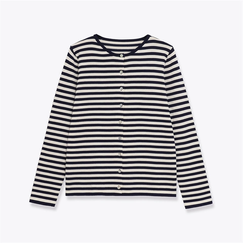 Damen Casual Rundhals Gestreifte Strickjacke Einreihig Langarm Pullover Kontrastfarbe Strickoberteil Mit Knöpfen
