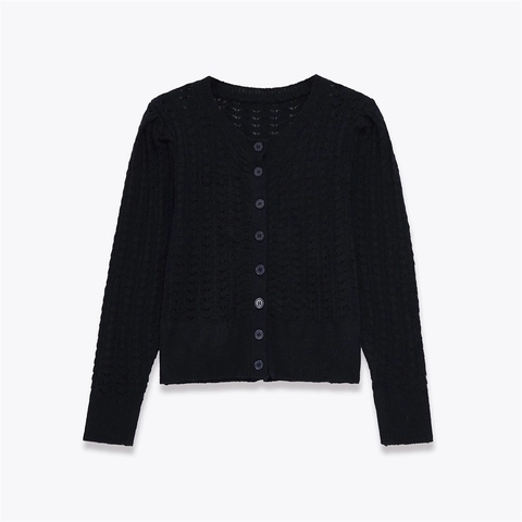 Women Elegant Black Long Sleeve Pointelle Knit Cardigan Round Neck Button Down Ribbed Knitwear Casual Sweater Top