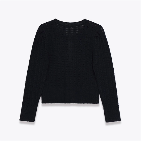 Women Elegant Black Long Sleeve Pointelle Knit Cardigan Round Neck Button Down Ribbed Knitwear Casual Sweater Top