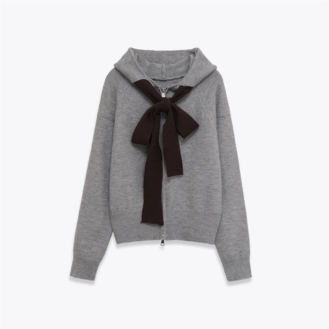 Women Casual Grey Knitted Hooded Cardigan Zip Up Sweater With Brown Bow Decoration Ribbed Cuff Warm Soft Autumn Jacket