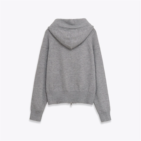 Women Casual Grey Knitted Hooded Cardigan Zip Up Sweater With Brown Bow Decoration Ribbed Cuff Warm Soft Autumn Jacket