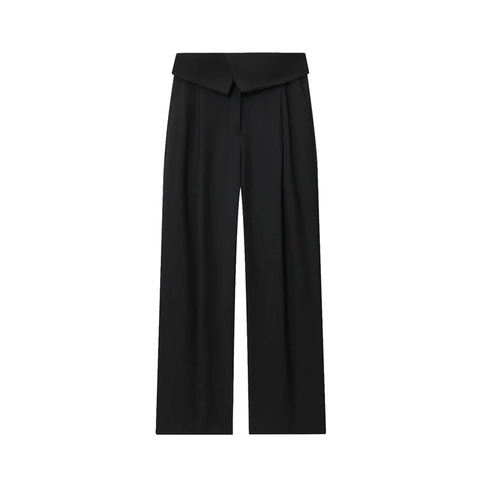 Pantaloni Casual a Gamba Larga da Donna Minimalista a Vita Alta Asimmetrica Piegata con Bordo Sfilacciato Tinta Unita