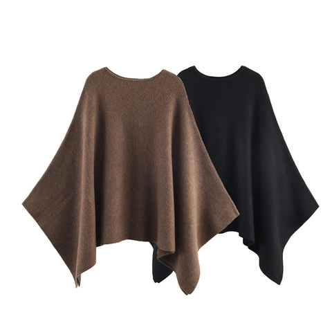 Damen Casual Strickponcho Umhang Minimalistischer Rundhals Einfarbig Drapiert Locker Sitzender Pullover Cape Herbst Winter
