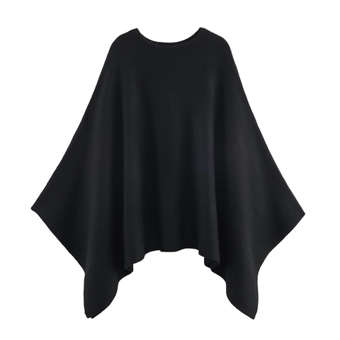 Damen Casual Strickponcho Umhang Minimalistischer Rundhals Einfarbig Drapiert Locker Sitzender Pullover Cape Herbst Winter