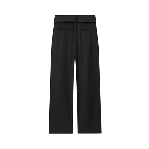 Pantaloni Casual a Gamba Larga da Donna Minimalista a Vita Alta Asimmetrica Piegata con Bordo Sfilacciato Tinta Unita